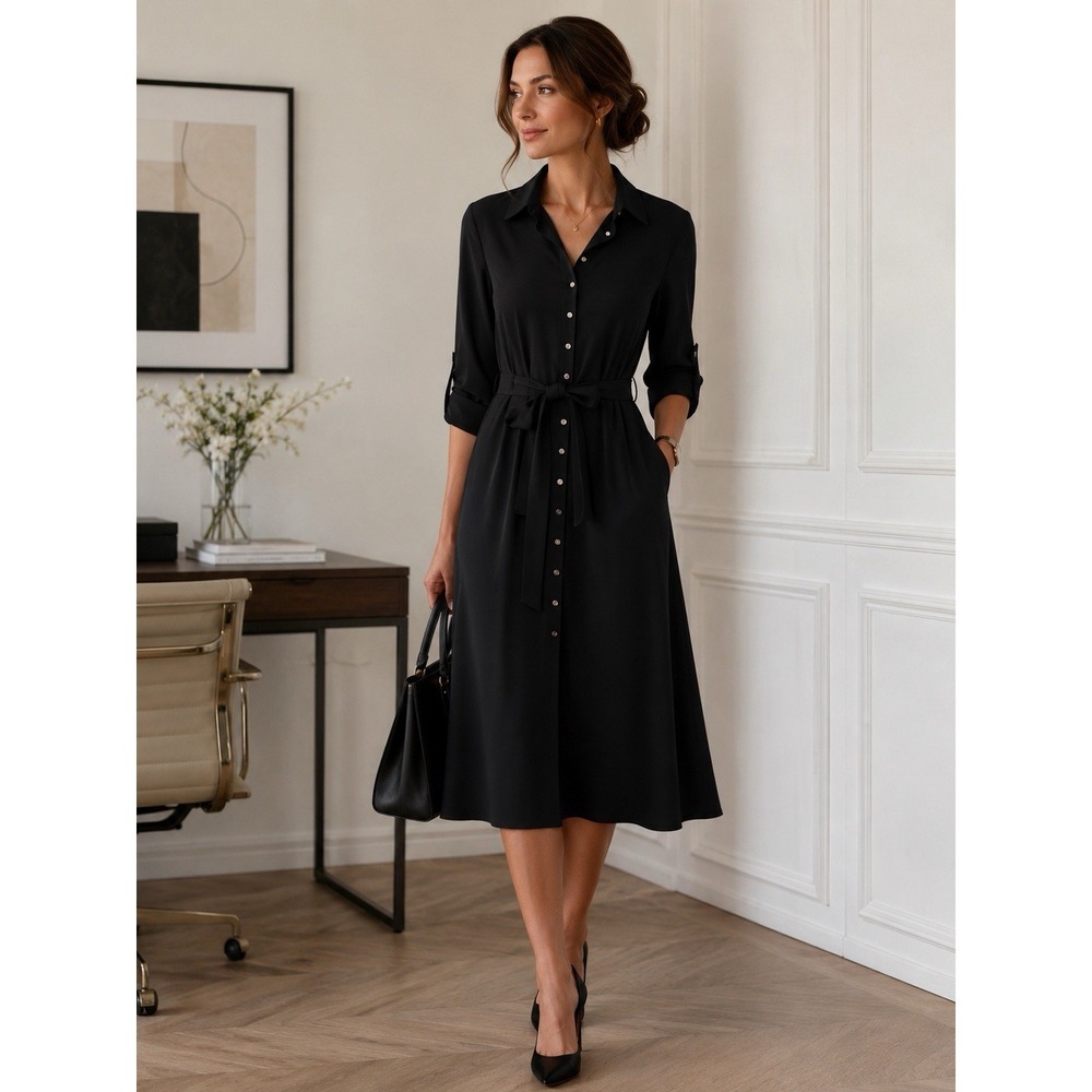 Lauren Ralph Lauren Black Shirt Dress Belted Midi Quiet Luxury Minimalist Office